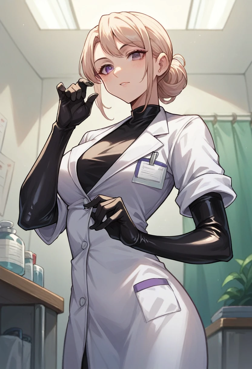 1girl, light hair, ((black elbow gloves)), ((surgical gloves)), ((latex gloves)), ((long sleeves)) ((purple surgeon outfit)), looking at viewer, ((doctor)), standing, solo