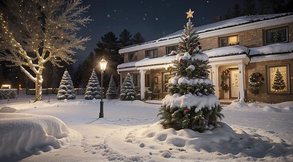 "Create a festive 3D Christmas background. Include the following elements:
Scene: A snowy landscape with pine trees.
Decorations: Christmas lights, ornaments, and a decorated Christmas tree.
Atmosphere: A warm, glowing light effect to evoke a cozy holiday feeling.
Additional Elements: Snowflakes falling, a snowman, and presents under the tree.
The background should be vibrant, cheerful, and capture the magic of Christmas."