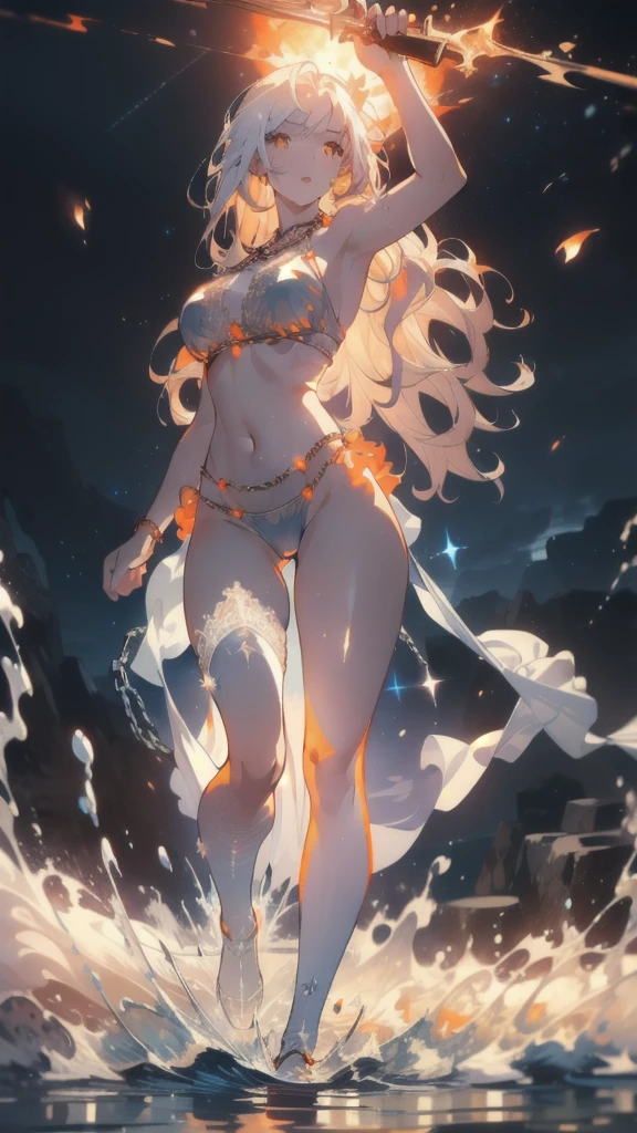 ((masterpiece, best quality)), Epic battlefield atmosphere,Delicate face,goddess,Starry Sky,whole body,Standing picture,Glowing orange eyes,Large Breasts,Gradient white long wavy hair,Perfect body proportions,Pure white background,firefly,Water Ripples,Lace,Transparent sex bikini,whip,chain