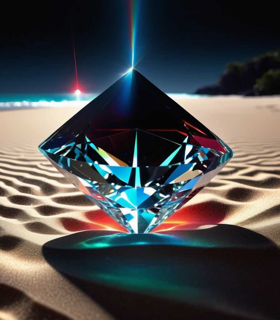 a large diamond jewel on the sandy beach with a black background, narrow red laser hitting it, radiant light beams, chromatic aberration, broken prism, refraction, light caustics, detailed illustration, bioluminescent, colorfull, glow,