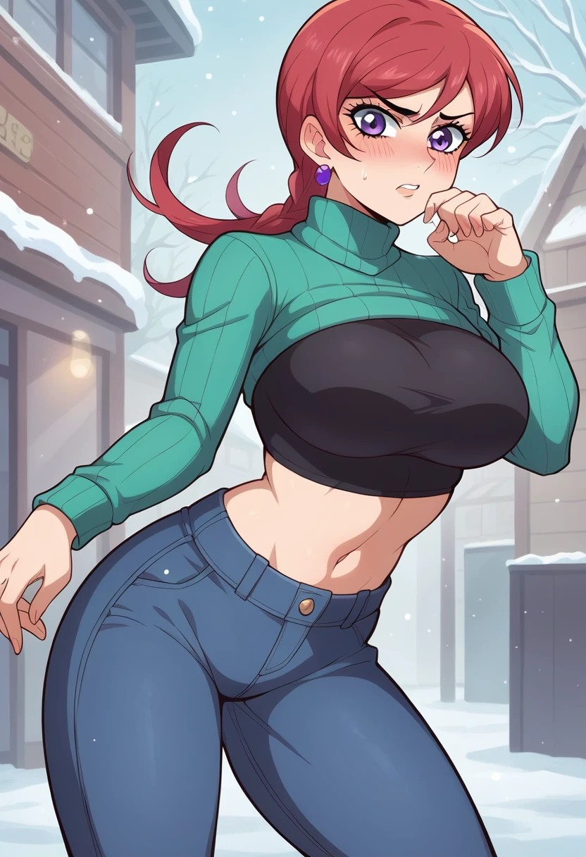 Masterpiece, sksmaki,jojo pose,sexy,facial details,solo, detailed body part details, cowboy shot,embarrassed, midriff, big breasts,8k wallpaper, looking at viewer, nishikino maki, low waisted leather pants,tight ,(sweater crop top), earrings,in street,snow, purple eyes ,red hair 