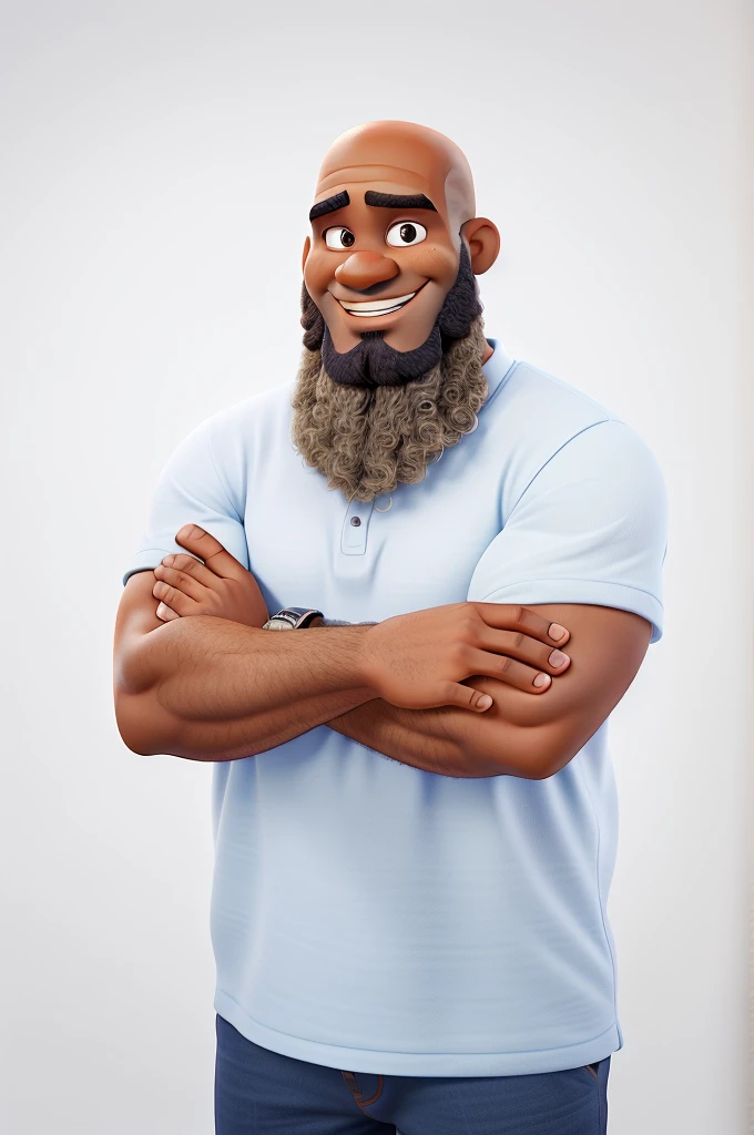 Disney pixar style high quality, strong dark-skinned man with big curly beard and bald head smiling with arms crossed