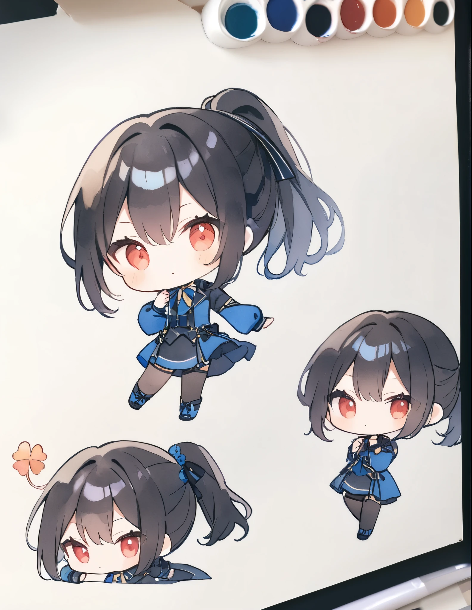 (Watercolor),Golden Ratio,Very detailed、Very absurd、超High resolution, Attention to detail, high quality, High resolution, 最high quality, 4K, 8K,White background、(Clover on background margin)、Black Hair、ponytail、Strike a pose for the camera、blue costume、Chibi Style