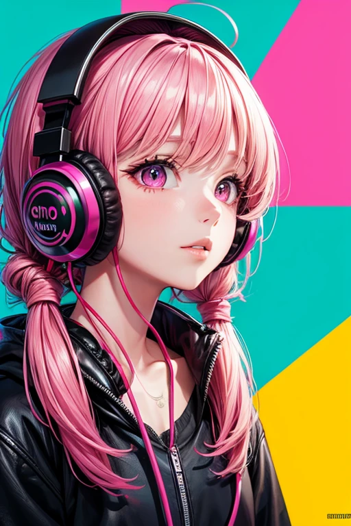 Background bright pink, portrait girl, colorful hair, big headphones, tattoo on neck