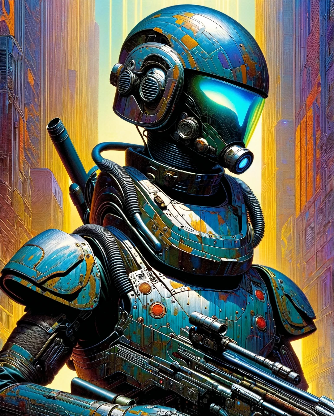In a dystopian cyberpunk future, a mesmerizing propaganda poster beckons viewers to enlist in the military. Combining the gritty art style of Frank Frazetta with the futuristic flair of Moebius, the image features a cybernetically enhanced soldier, clad in sleek, reflective armor and wielding cutting-edge weapons. The intricate detailing, vivid colors, and dynamic composition elevate this digital painting to a level of unparalleled artistry, capturing the essence of a war-torn, technologically advanced world with stunning precision.
