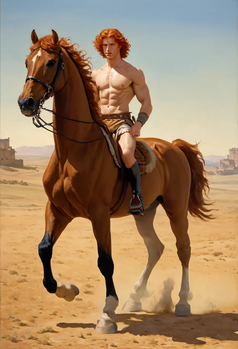 ((portrait of 1 man ridding a black and blue horse on the plains of scothland ))

STYLE: in leng_jun+roberto_ferri art style, A mixture of photography and painting, 1800´s style

view from the front Image 

VIEW: ((fullbody)) portrait , 

SUBJECT: Young man, , 
A young man, white skin, ginger, barbed, hairy body, thin face, straight nose, thin lips, square chin, large light blue eyes, short red wavy hair, in roberto ferri style, aesthetic slim athletic body, ginger realistic skin, gorgeous, detailed tonned muscles, barefoot, perfect anatomy, muscled fitness body, in caravagio+rubens+rembrant art style. Young man, perfect anatomy, , energetic splendid, Barefoot, naked, small flacid penis, slim and detailed muscles, shirtless, pantless, fullbody, wearing sandals, the composition of shadows and lights give an atmosphere of spaciousness
ACTION: he is ridding  a black and blue horse on the plains of scothland 
BACKGROUND:  plains of scothlands and large scothish castle
COMPOSITION: symetric composition, perferct divine proportions, 
LIGHT: ambient lighting, barroque lamps

The image is a masterful composition of color, shape, and form, creating a sense of harmony and balance ultrdetailed, intincate detailed image, realistic, combine vivid color and soft colors to generate realisim sense, combine lights and shadows to generate deep sense,penis,a
