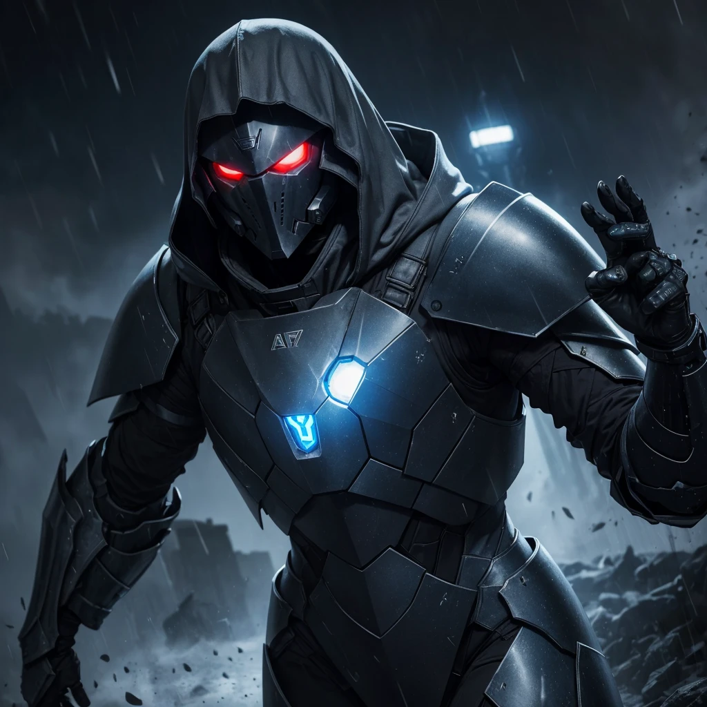 Advance heavy armored make, grey hood and cape, making a metal hand sign, background dark space battlefield, heavy rain, red short hair, blue glowing beautiful eyes, (full body shot), blue glowing lined simple armor plate, dark environment, high detailed face, Advance mask, intense war,