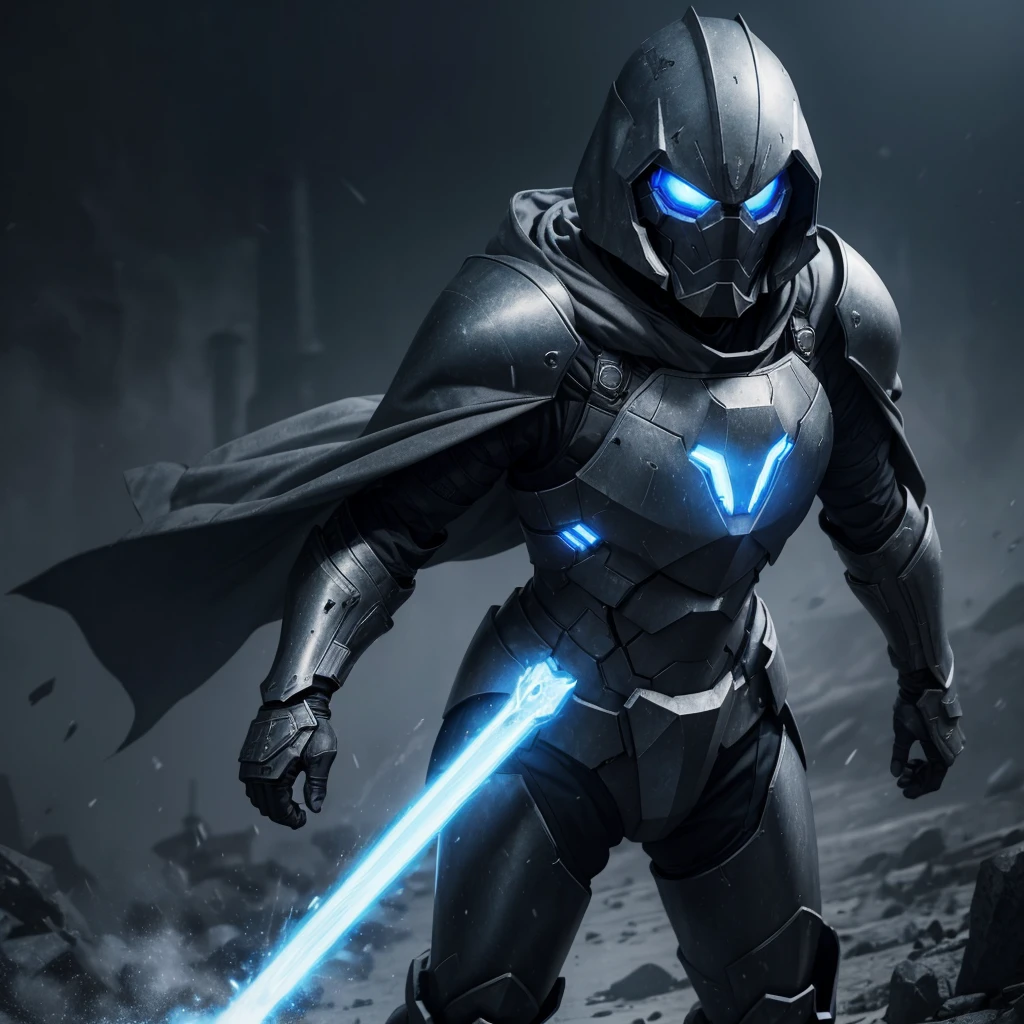Advance heavy armored make, grey hood and cape, making a metal hand sign, background dark space battlefield, heavy rain, red short hair, blue glowing beautiful eyes, (full body shot), blue glowing lined simple armor plate, dark environment, high detailed face, Advance mask, intense war,