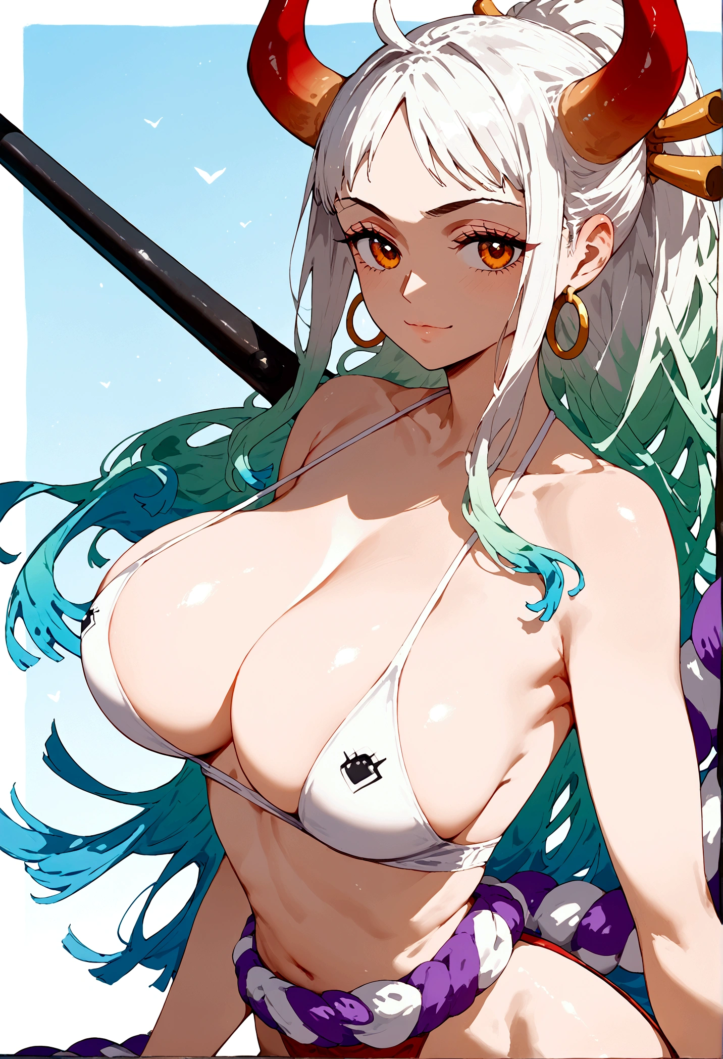 anime artwork, score_9, score_8_up, score_7_up, score_6_up, score_5_up, score_4_up,yamato \(one piece\) long hair,multiclored hair,oni,horn, big breasts, sexy