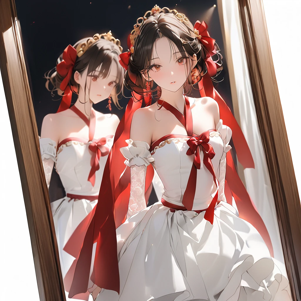 elevation drawing, front elevation, delicate, A Japanese woman in red and white fashion, tied to the mirror with ribbons, is posing for magazine photos on a white background. She has short hair, wears high heels and stockings, her outfit includes a frilly skirt and top. The photo captures an action shot of the model dancing while being bound in the style of ribbon against a full-length mirror. It's a full body portrait, White background, white background, a girl, Baroque, This lovely Baroque girl, lace edged gloves, lace, Close-Up, This lovely girl is both mysterious and charming Every detail of her is full of unique charm, making it impossible to shift one's gaze away, hairpins, delicate and pitiful