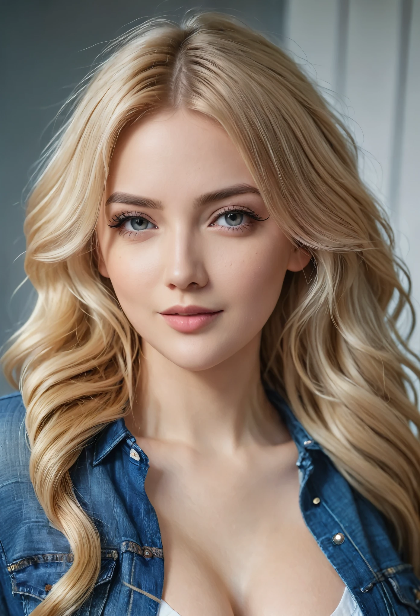 An attractive woman with long, wavy blonde hair, Youngh, semi-tied hair, curved, sexly, seductive, cropped rosa, jeans, hyper realistic absurdity, CRU photo, UltraHD 8K, high qualiy, film grain, shallow depth of field, (highly detailed skin:1.2)