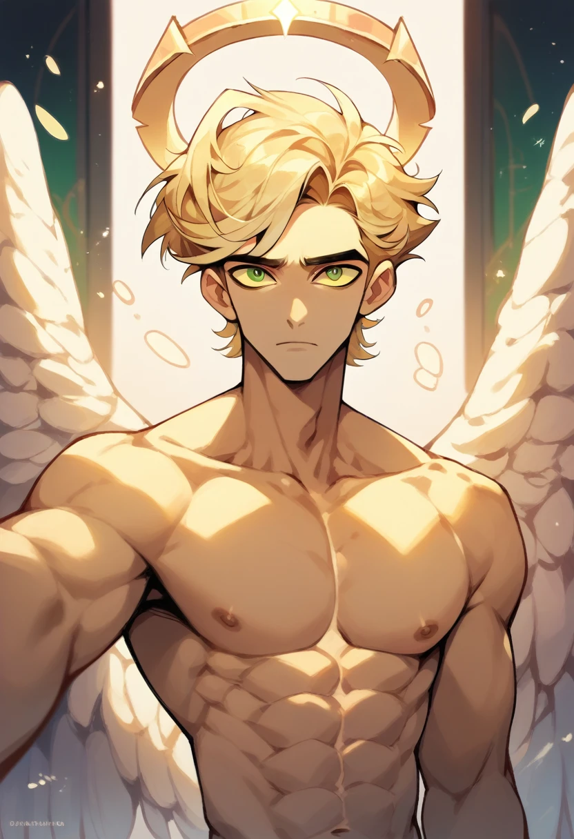 (masterpiece), best quality, expressive eyes, perfect face ,male focus, 1boy, solo, Blonde hair, medium hair, clean hair, tall, angel, heavenly host, Soldier, halo, green eyes, shirtless, toned, abs, selfie, hazbin hotel