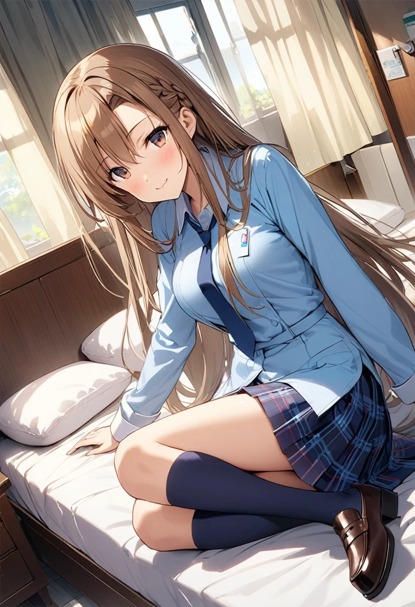 Highest quality、Super detailed、High resolution illustrations、Ultra-high-definition CG、８k size wallpaper、Production Art、Light novel illustrations、asuna yuuki, long hair, bangs, brown hair, brown eyes, very long hair, braid, Collared long sleeve shirt、Navy blue tie、Navy tartan check pleated skirt、Navy blue knee socks、Black Loafers、On the bed in the nurse&#39;s office、Breast Grabbing、masturbation behavior、Pull up your skirt、I&#39;m masturbating、Wide-open legs、