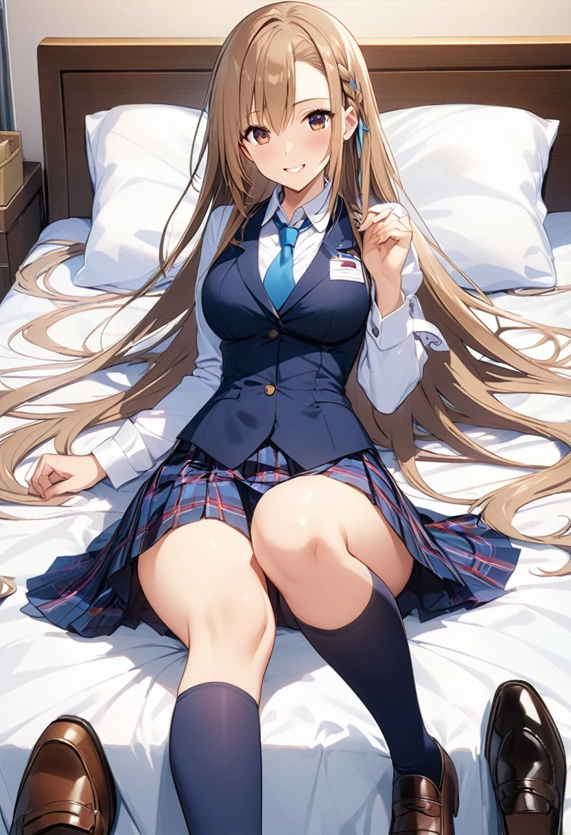 Highest quality、Super detailed、High resolution illustrations、Ultra-high-definition CG、８k size wallpaper、Production Art、Light novel illustrations、asuna yuuki, long hair, bangs, brown hair, brown eyes, very long hair, braid, Collared long sleeve shirt、Navy blue tie、Navy tartan check pleated skirt、Navy blue knee socks、Black Loafers、On the bed in the nurse&#39;s office、Breast Grabbing、masturbation behavior、Pull up your skirt、I&#39;m masturbating、Wide-open legs、