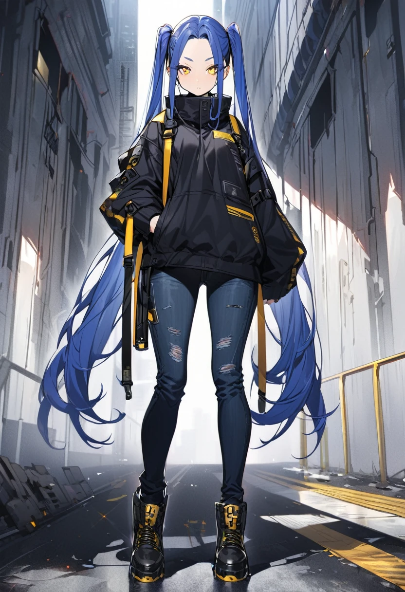 (One person,Very tall woman,Dark navy blue hair,Her hairstyle is twin tails that expose her forehead.,Medium chest,yellow eyes,Black Techwear,Dynamic Angle,Walking in the rainy city)