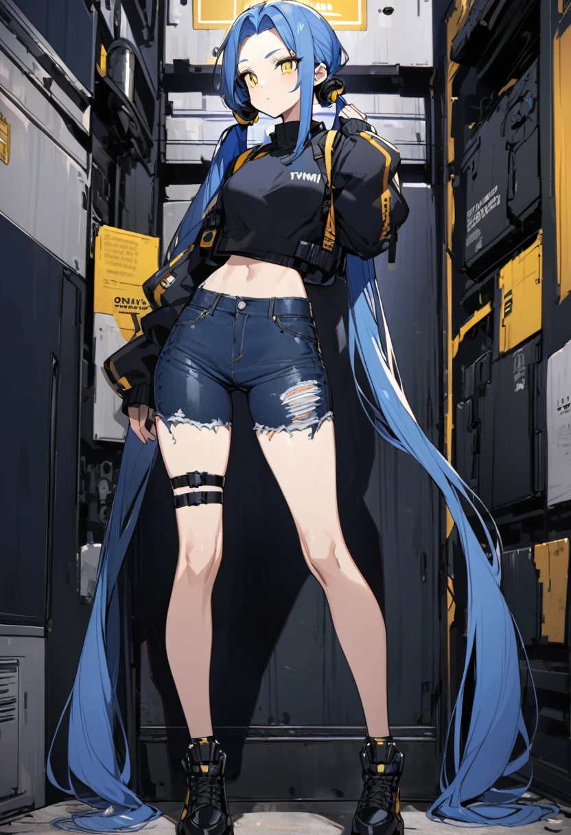 (One very tall woman,Navy Blue Hair,Her hairstyle is twin tails that expose her forehead.,Medium chest,yellow eyes)Black Techwear,Jeans pants