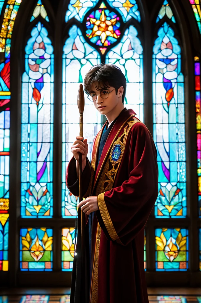 An illustration for a book about Harry Potter, standing against the background of a large stained-glass window, he is dressed in a traveling robe and holding a magic wand, his face is focused, his posture is tense, he is ready to fight evil.