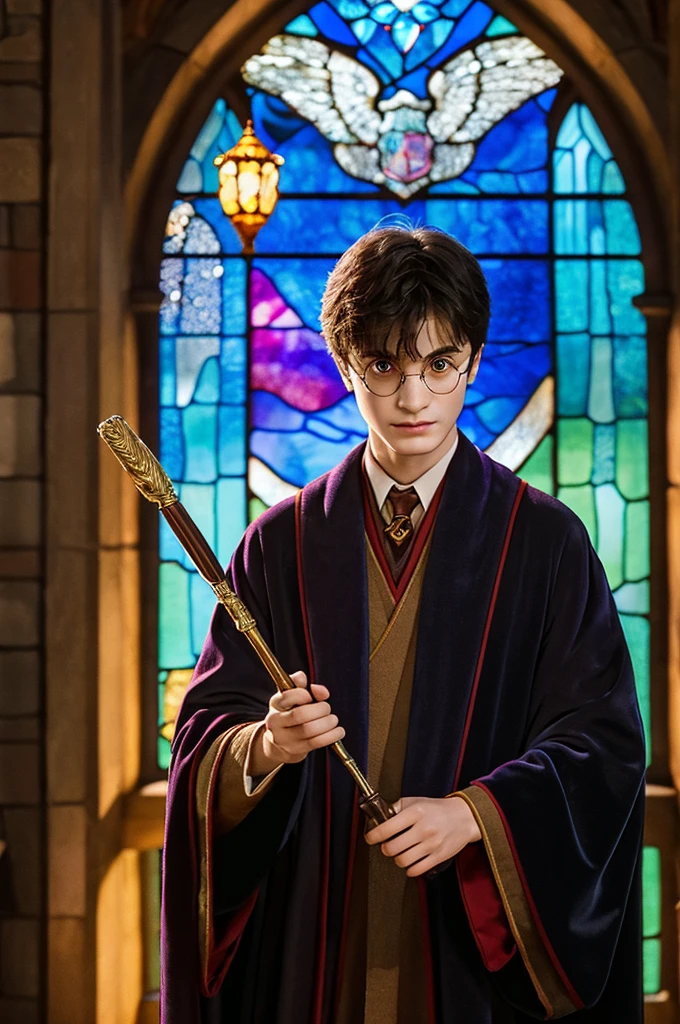 An illustration for a book about Harry Potter, standing against the background of a large stained-glass window, he is dressed in a traveling robe and holding a magic wand, his face is focused, his posture is tense, he is ready to fight evil.