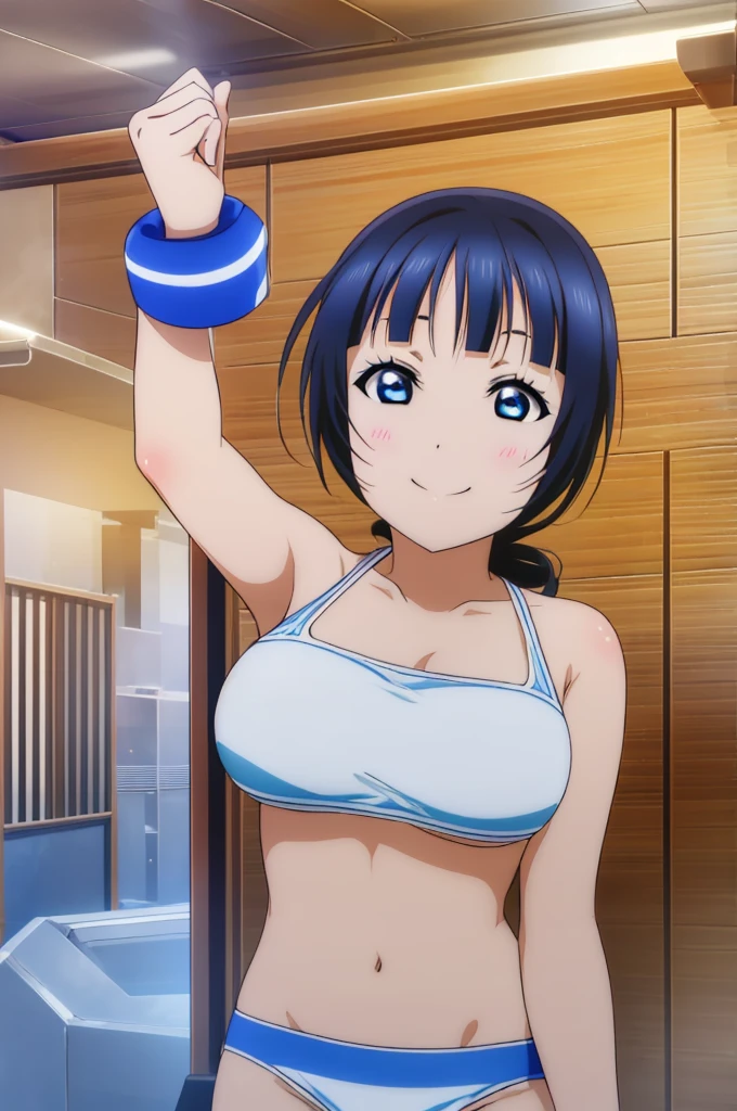 (((pixel-perfect, detail-perfect))), solo, 1girl, Karin asaka, smile, eyes azzur, hair blue, sauna, armpit, bikini, large extreme filesize, ultra High Qality