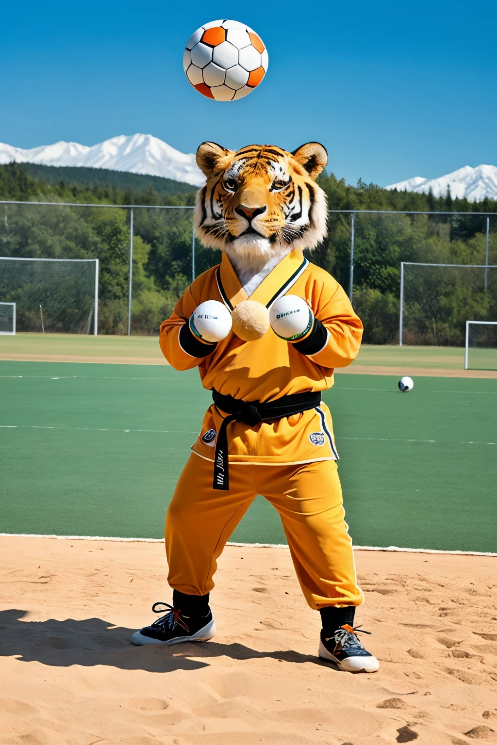 ((Best Quality)), ((Masterpiece)), (detailed), group of animals that includes 1 bear with a soccer ball, 1 tiger basketball, 1 lion in karate suit, 1 falcon in a dance costume, all sports, background sports camp or vacation colony, for children