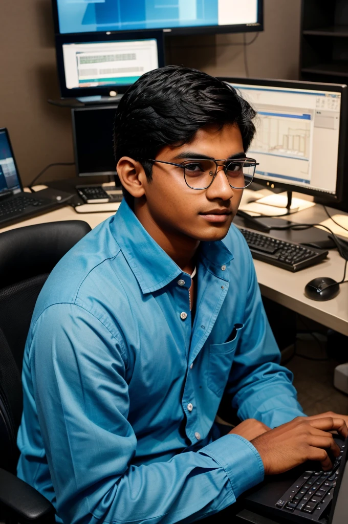 An cool indian school boy whose age is near 18 with eye glass and computer and rg lights in backgrounds in bis computer studio