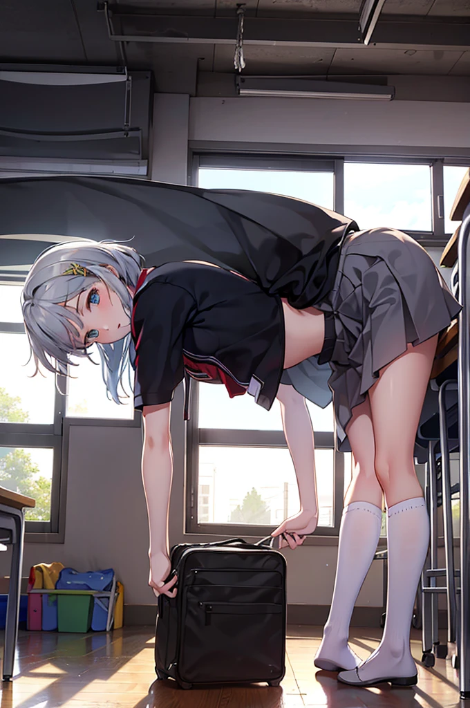 A girl bending over a desk at school,From directly behind,Panties in full view,