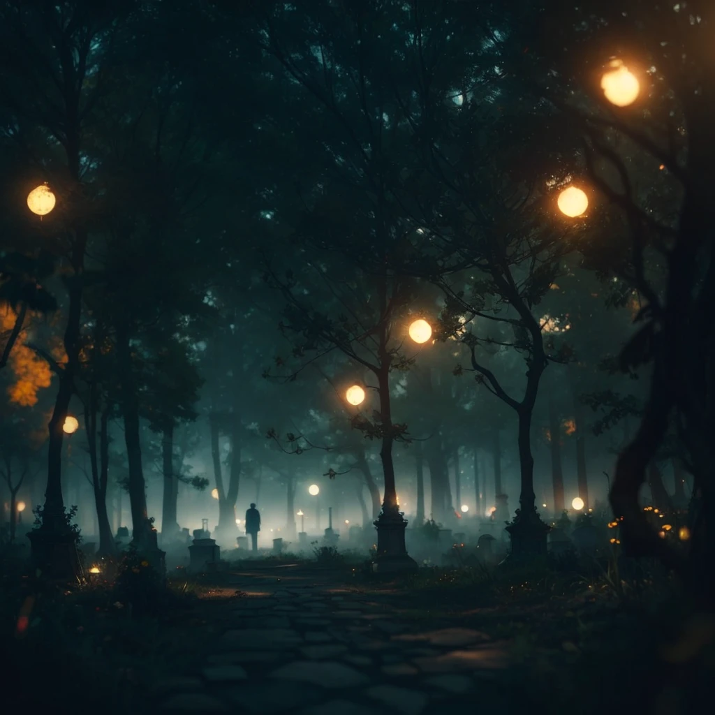 (BOKEH) dreamy cemetery background, (pov) engaging perspective, captivating gaze, (deep, immersive) steam ambiance, (artistically) blurred foreground, (dramatic) atmosphere, mist, (secretive)