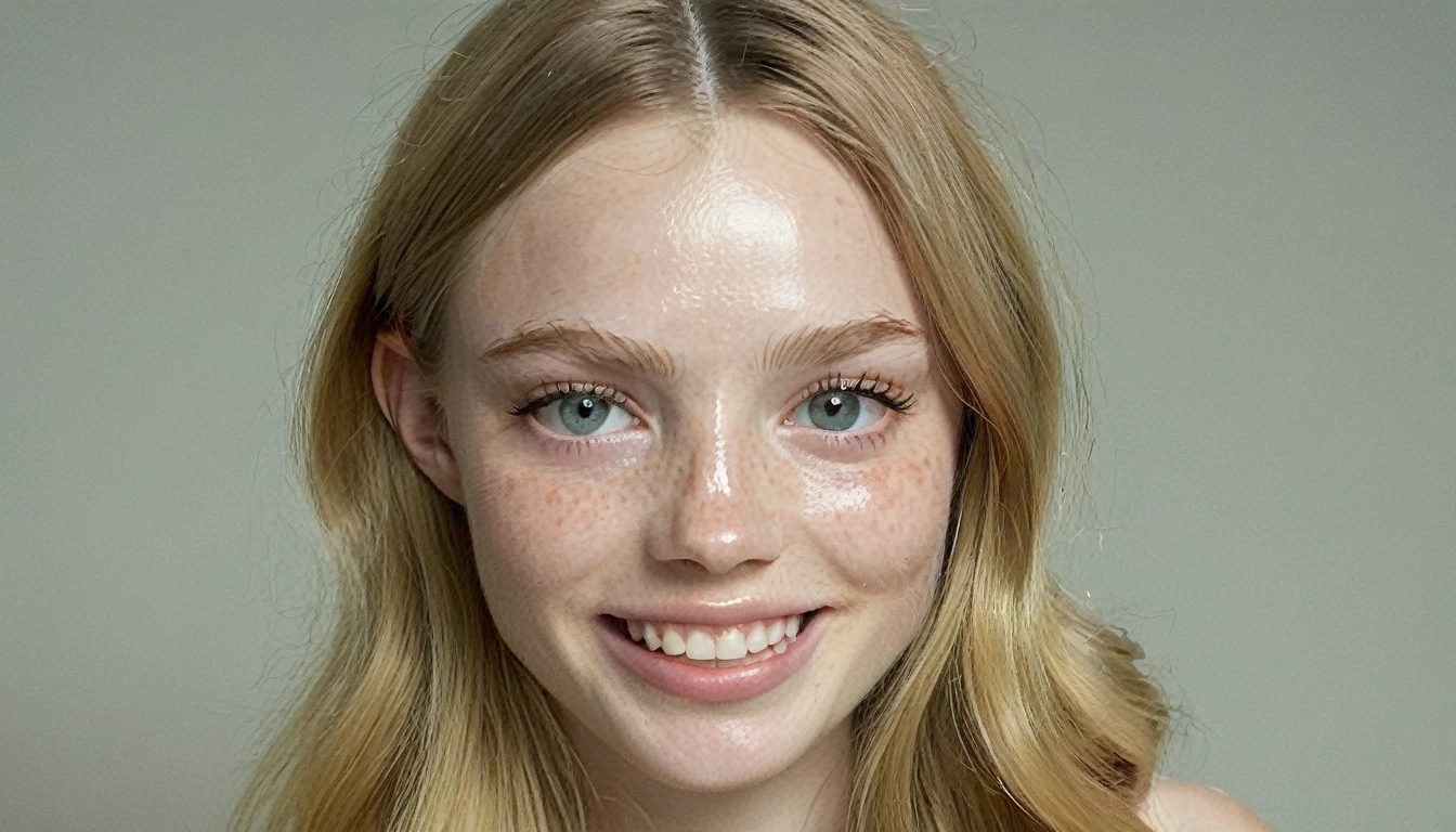 Woman, americana, age 25, pale skin and freckles, gray eyes, delicate nose, soft and delicate lips, far away, cabelo blondie far away e ondulado na altura da cintura, sweet smile, face with delicate feminine facial features, highly rendered, Kale, seductively pose, full body shot shot
