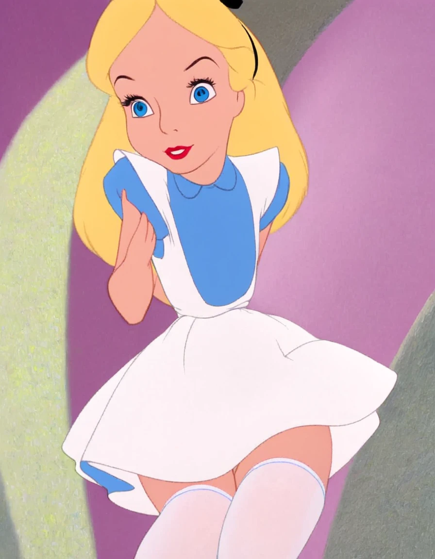 wxaliwonlan, 1girl, solo, long hair, blue eyes, blonde hair, alice (alice in wonderland), disney cartoon, masterpiece, best quality, upskirt view, front view, white panties, white stockings, hands lifting skirt, pantyflash