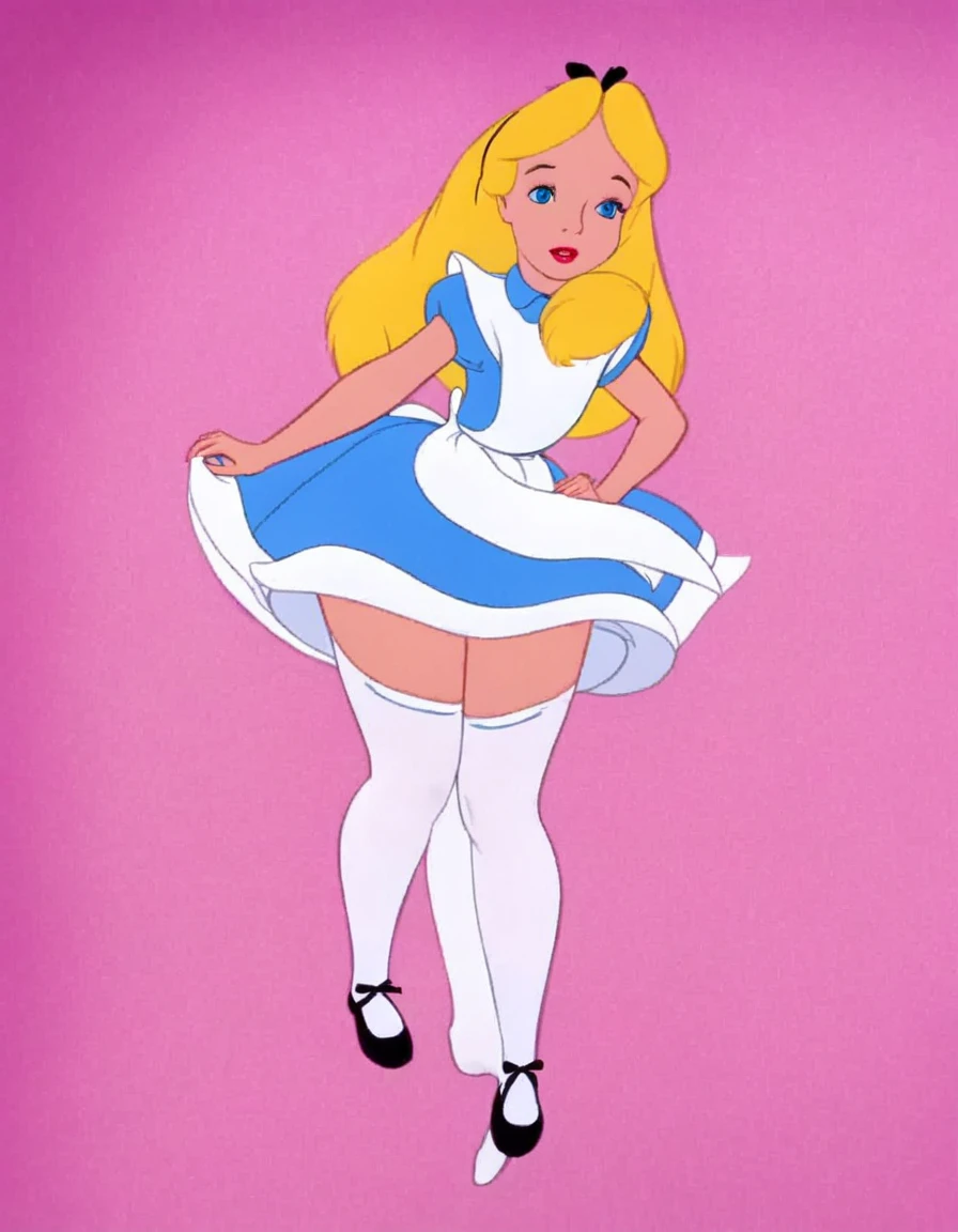 wxaliwonlan, 1girl, solo, long hair, blue eyes, blonde hair, alice (alice in wonderland), disney cartoon, masterpiece, best quality, upskirt view, front view, white panties, white stockings, hands lifting skirt, pantyflash
