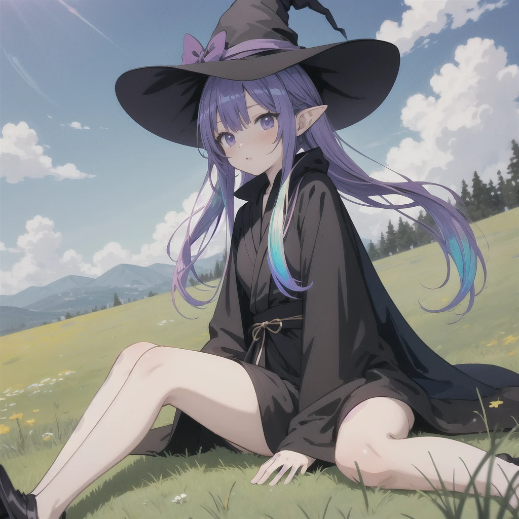 anime girl long purple hair wearing a black Robe. she has pointy ears. Witch Hat. Manga kawaii. iridescent ,An illustration, 0ne person .Sitting in the grass, hair blowing in the wind