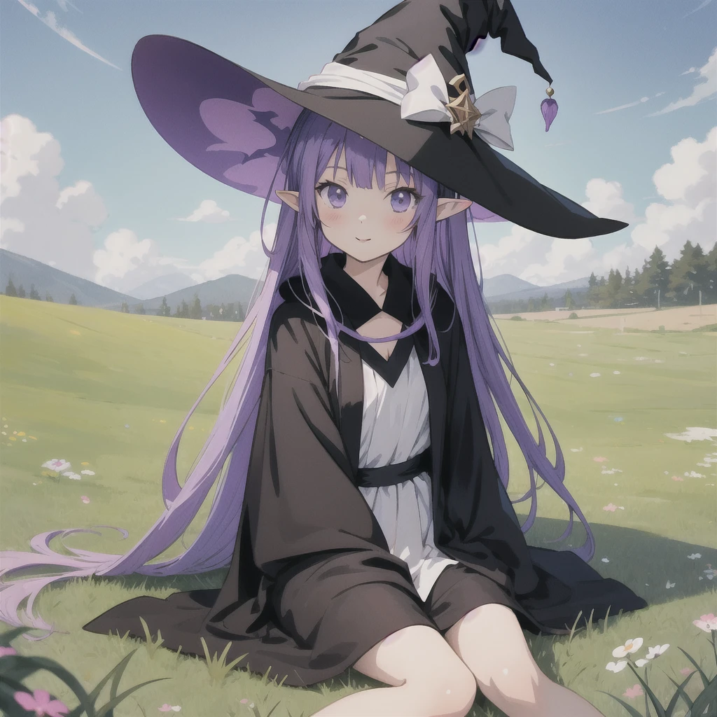 anime girl long purple hair wearing a black Robe. she has pointy ears. Witch Hat. Manga kawaii. iridescent ,An illustration, 0ne person .Sitting in the grass, hair blowing in the wind