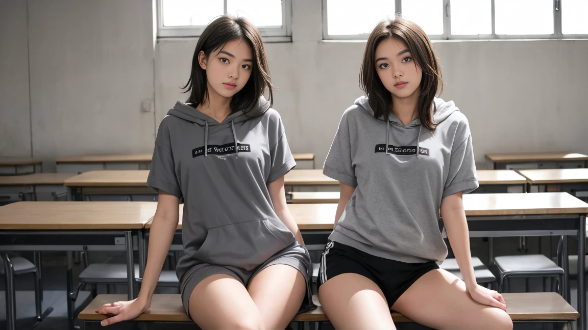 deux femmes ensemble de 18 ans sexy et mince , gray short sleeve hoodie , salle de classe, se touche,position sey,sensuel