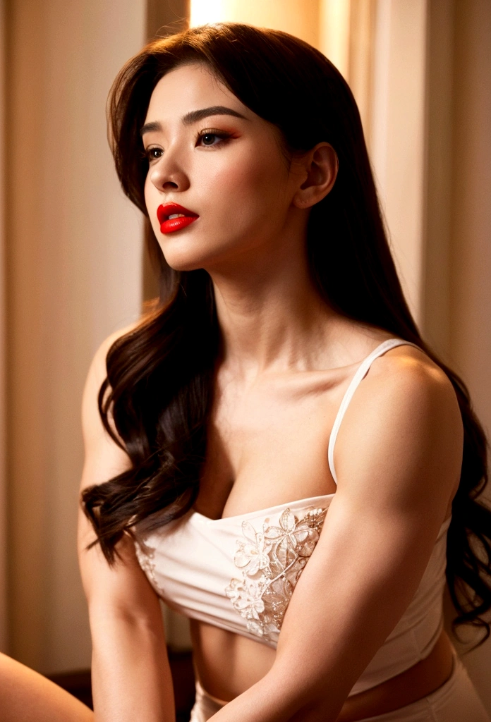 Muscle female, big tits, long hair, red lips,