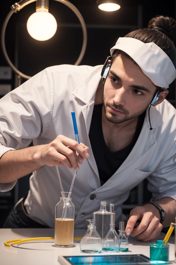 A male scientist doing a scientist experiment with planets 