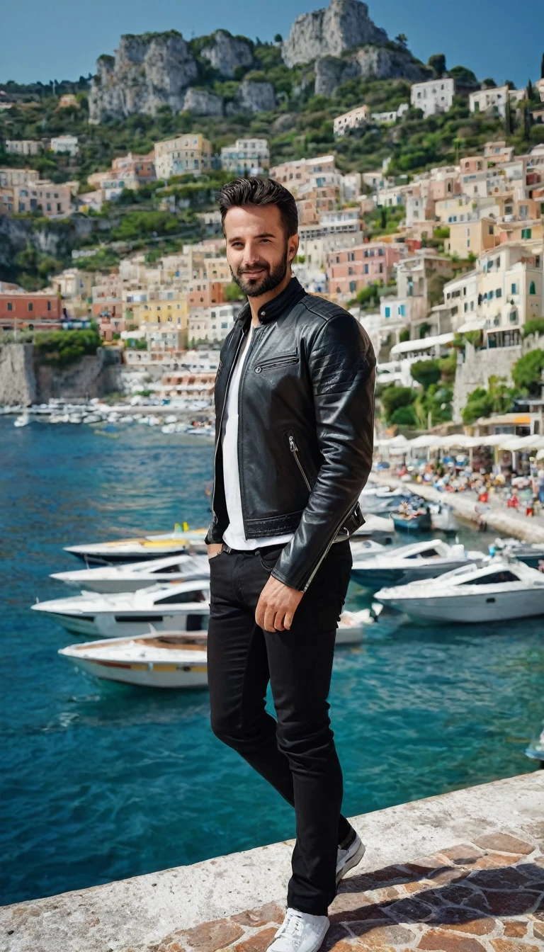 A 35 years old man, with a black pants,white social shirt, italian background, hands on the pocket, a black leather jacket with zippers and zippered sleeves, black leather slim clothes, black leather garment, very aesthetic leather jacket, leather jackets, black leather jacket, leather jacket, black leather, leather, wearing leather jacket, black draconic - leather, wearing a leather jacket, leather padding, wearing samcrow leather jacket, clothing photography ,amazing italian background, 4k, realistic ,boats are docked in the water near a town on a hill, italian mediterranean city, mediterranean island scenery, italy, southern european scenery, gulf of naples, beautiful italian beach scene, mediterranean city, capri coast, fantasy italy, naples, mediterranean, beautiful place, mediterranean vista, beauitful, incredibly beautiful, unknown, beautiful high resolution, happy italian beach scene, imposing
