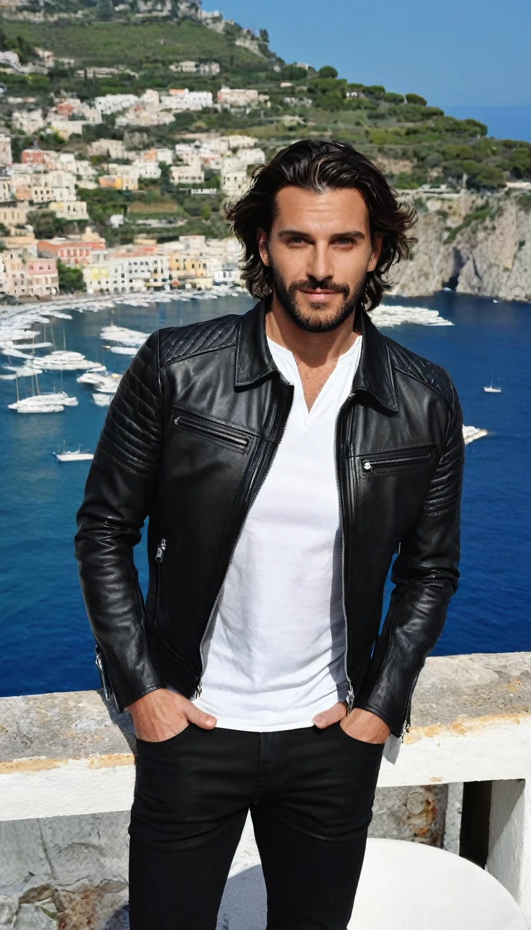 A 35 years old man, with a black pants,white social shirt, italian background, hands on the pocket, a black leather jacket with zippers and zippered sleeves, black leather slim clothes, black leather garment, very aesthetic leather jacket, leather jackets, black leather jacket, leather jacket, black leather, leather, wearing leather jacket, black draconic - leather, wearing a leather jacket, leather padding, wearing samcrow leather jacket, clothing photography ,amazing italian background, 4k, realistic ,boats are docked in the water near a town on a hill, italian mediterranean city, mediterranean island scenery, italy, southern european scenery, gulf of naples, beautiful italian beach scene, mediterranean city, capri coast, fantasy italy, naples, mediterranean, beautiful place, mediterranean vista, beauitful, incredibly beautiful, unknown, beautiful high resolution, happy italian beach scene, imposing