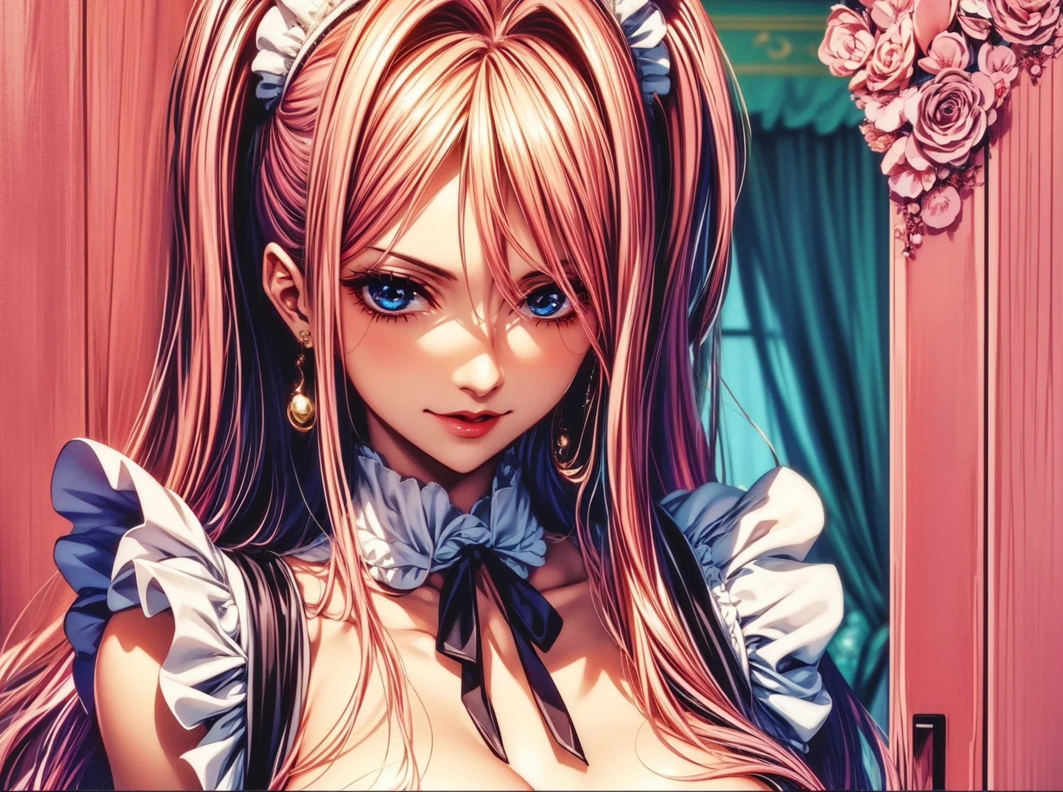 top-quality、tmasterpiece、Very high resolution、super high image quality、High-quality pixels)、perfect eyes, perfect face, perfect body figure,solo,8K, large breast,(Detailed description of hair), (Detailed description of face),(Detailed description of body), fair and clear skin, matchless beauty, long legged, long pink hair,ssmile,Jewelry Bonney,point red lip,blue eye, maid costume, cute face, small lip