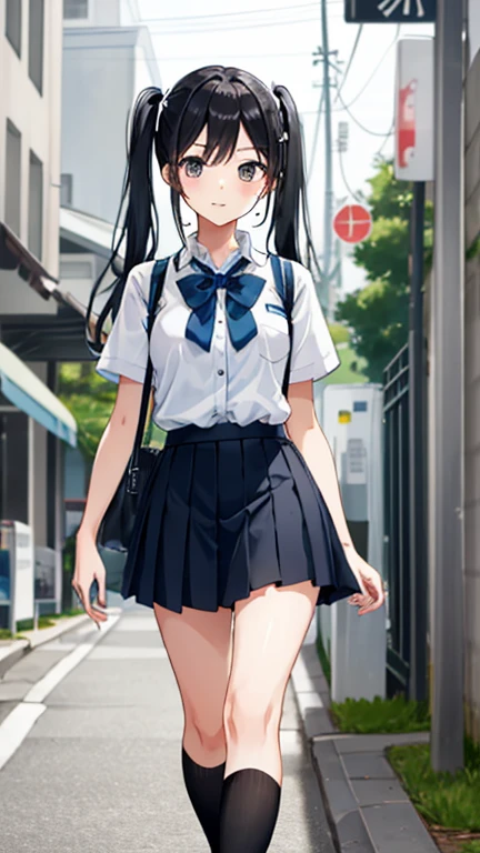 high school girl、uniform、Cute face、Twin tails、Black Hair、whole body、Walking、Short skirt