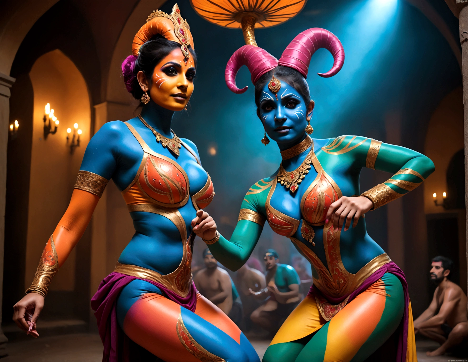 "(best quality, highres, ultra-detailed), 2 women, Desi, 40, average build, in colorful body paint,(playful, vibrant) jesters (costume is entirely body paint), wrestling for a crowd of rowdy aliens, in an(otherworldly) atmosphere,(fantastical, whimsical) outfits, (elaborate face makeup), (bright, vivid) colors, lively expressions, (dynamic poses), (mysterious, ethereal) lighting"
