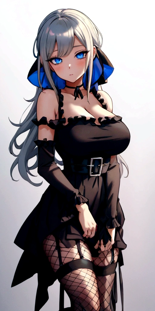 anime girl with blue eyes and a black dress posing for the camera, seductive anime girl,  in dress, , beautiful anime girl, large breasts, triple D cup breasts, beautiful anime woman, beautiful alluring anime woman, blonde anime girl with long hair, anime girl wearing a black dress, guweiz on pixiv artstation, detailed digital anime art, top rated on pixiv, fishnet leggings, garder belt , lifting skirt 