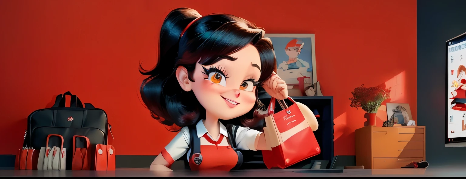 cartoon character of a woman in a red dress holding a red bag, animation character, cute cartoon character, animated film, movie character, cartoon character,  from school, film still from an cartoon, pixar cute character design, girl wearing uniform, as a pixar character, cute character, still from animated horror movie, animated film, offcial art, animated character design, in cartoon style