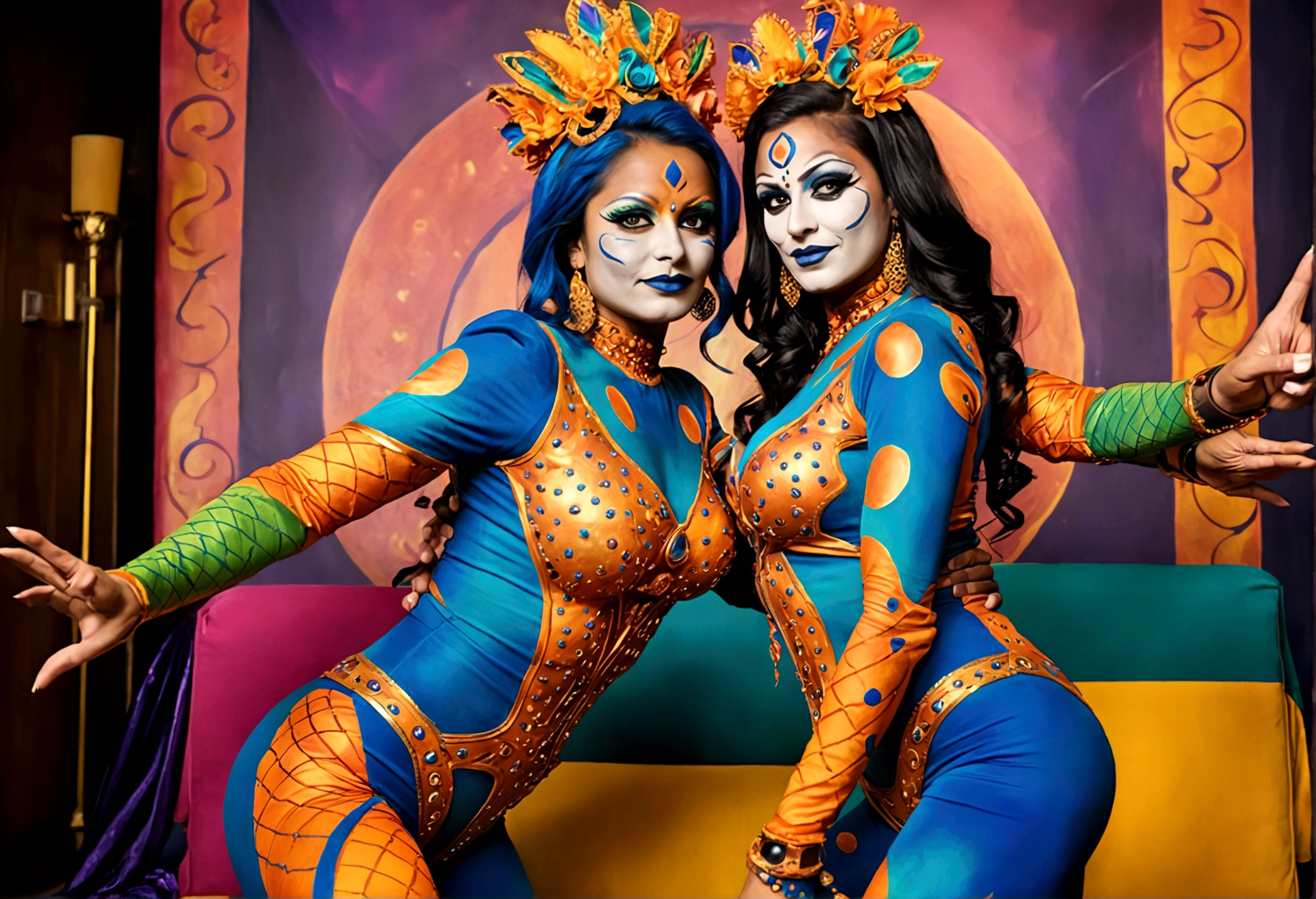 "(best quality, highres, ultra-detailed), 2 women, Desi, 40, average build, in colorful body paint,(playful, vibrant) jesters (costume is entirely body paint), wrestling for a crowd of rowdy aliens, in an(otherworldly) atmosphere,(fantastical, whimsical) outfits, (elaborate face makeup), (bright, vivid) colors, lively expressions, (dynamic poses), (mysterious, ethereal) lighting"
