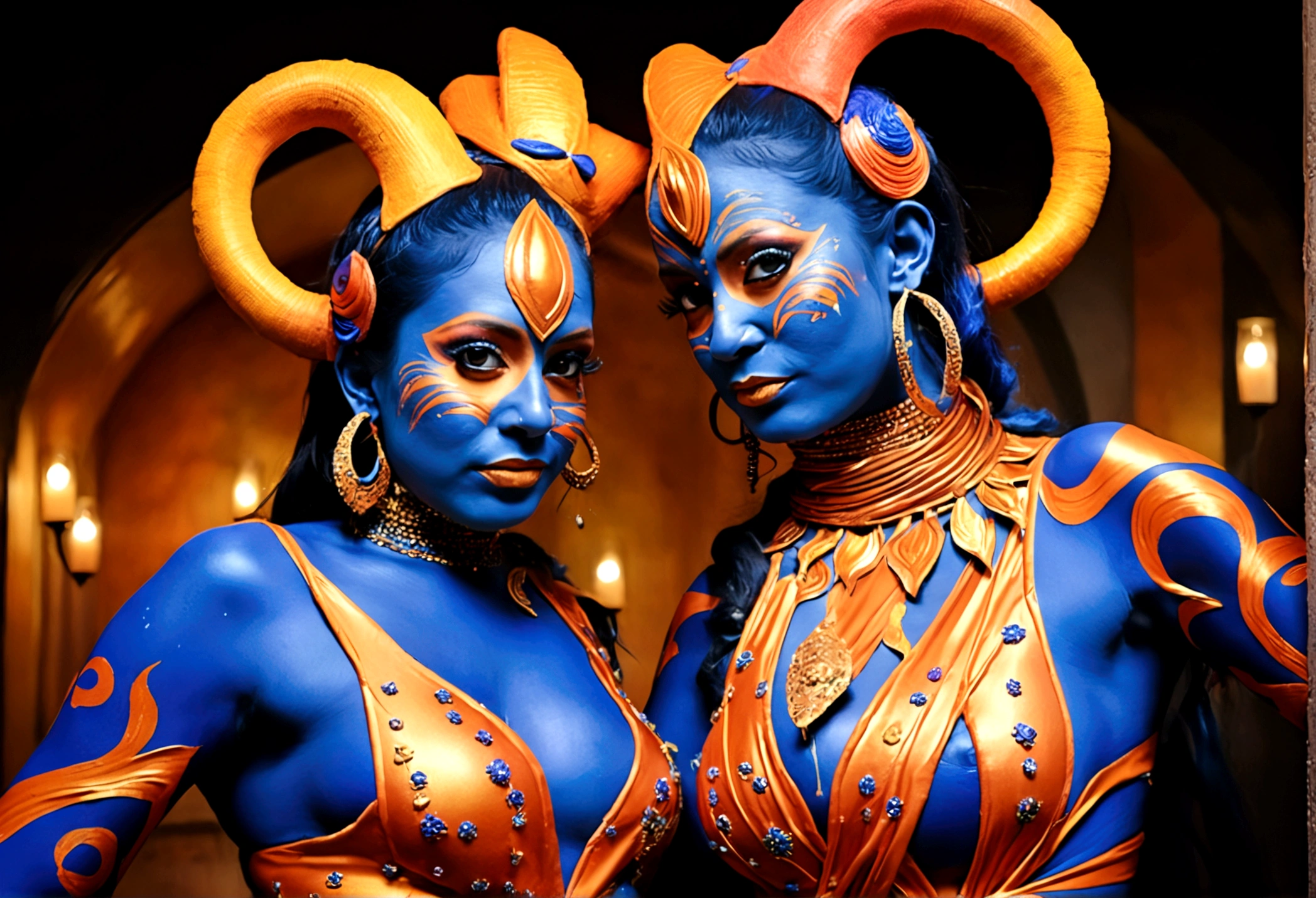 "(best quality, highres, ultra-detailed), 2 women, Desi, 40, average build, in colorful body paint,(playful, vibrant) jesters (costume is entirely body paint), wrestling for a crowd of rowdy aliens, in an(otherworldly) atmosphere,(fantastical, whimsical) outfits, (elaborate face makeup), (bright, vivid) colors, lively expressions, (dynamic poses), (mysterious, ethereal) lighting"
