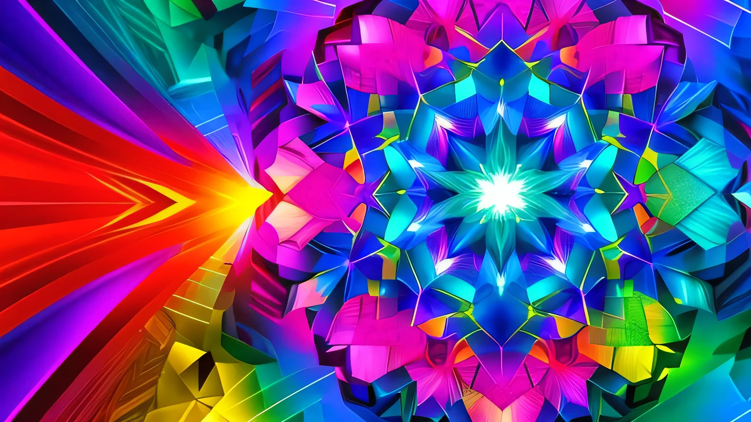 A vortex of geometric shapes flowing and intertwining in bright, contrasting colors. Imagine a dimensional portal opening, kaleidoscope style