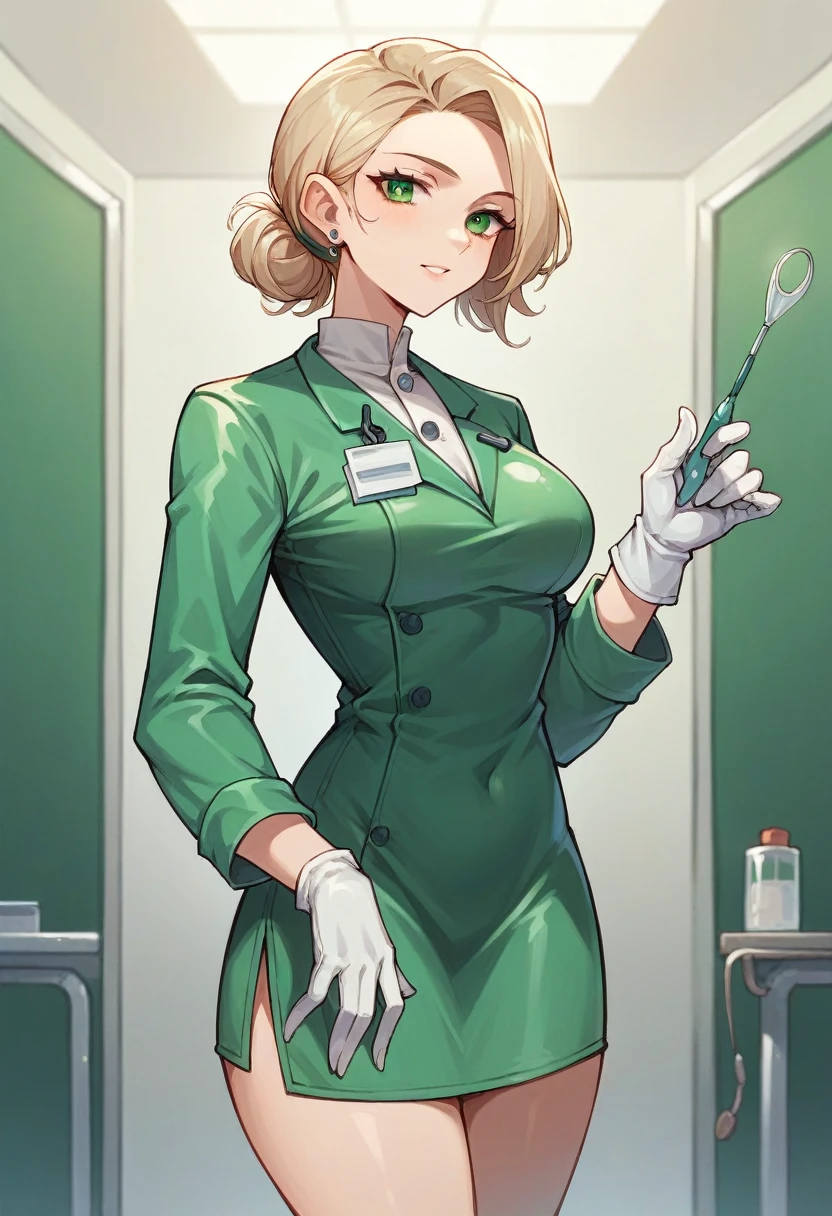 1girl, ((white elbow gloves)), ((surgical gloves)), ((latex gloves)), ((green surgeon outfit)), looking at viewer, ((doctor)), ((long sleeves)), standing, solo