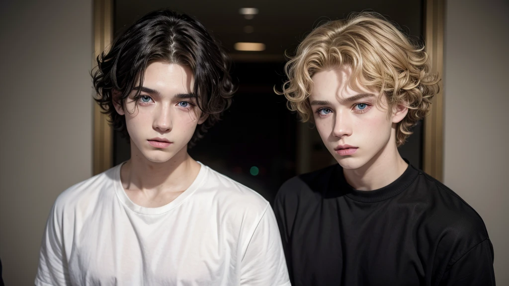 2 boys, one with dark hair and eyes and the other blonde with curly hair and dark eyes, both vocal in the room