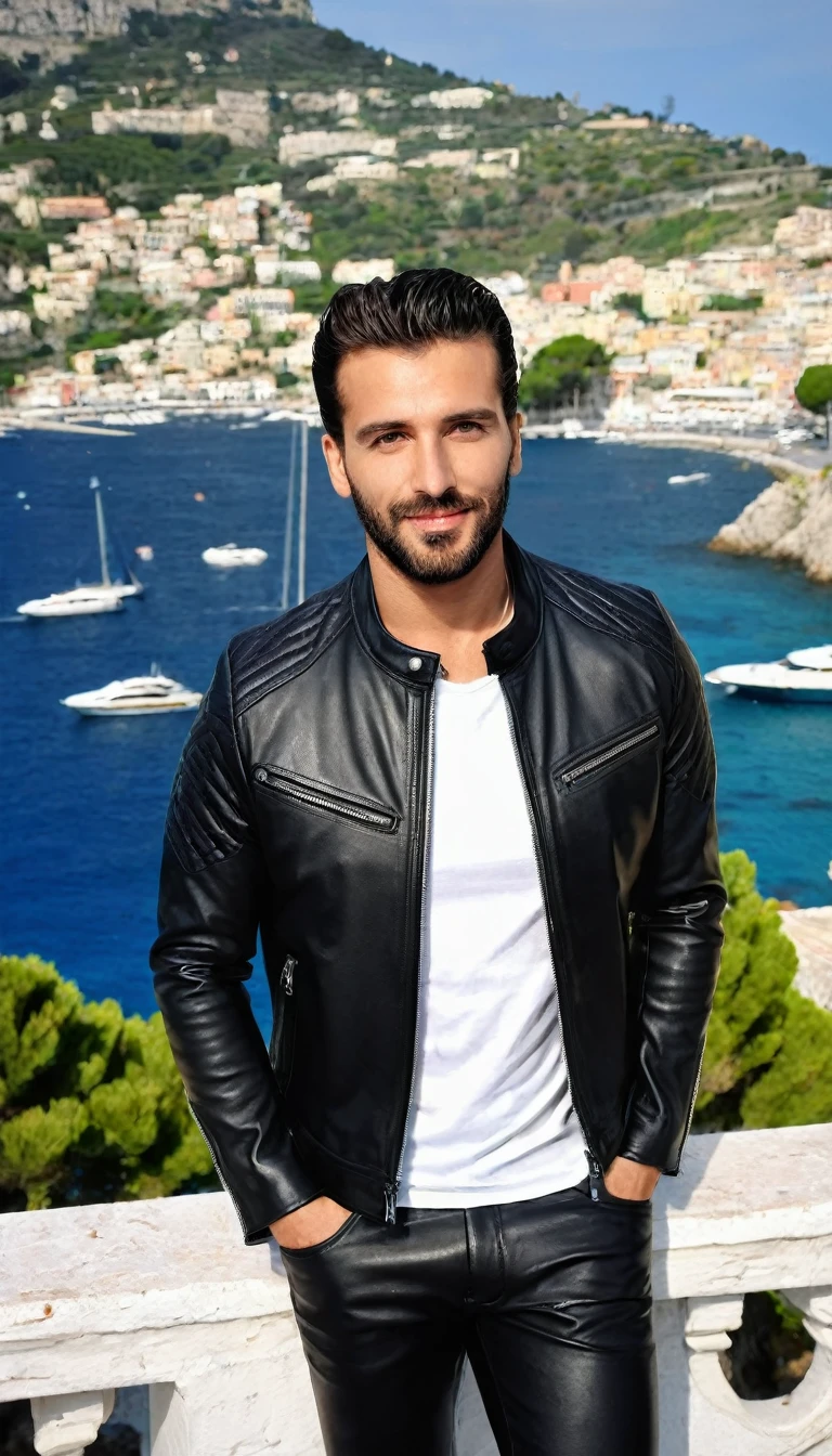 A 35 years old man, with a black pants,white social shirt, italian background, hands on the pocket, a black leather jacket with zippers and zippered sleeves, black leather slim clothes, black leather garment, very aesthetic leather jacket, leather jackets, black leather jacket, leather jacket, black leather, leather, wearing leather jacket, black draconic - leather, wearing a leather jacket, leather padding, wearing samcrow leather jacket, clothing photography ,amazing italian background, 4k, realistic ,boats are docked in the water near a town on a hill, italian mediterranean city, mediterranean island scenery, italy, southern european scenery, gulf of naples, beautiful italian beach scene, mediterranean city, capri coast, fantasy italy, naples, mediterranean, beautiful place, mediterranean vista, beauitful, incredibly beautiful, unknown, beautiful high resolution, happy italian beach scene, imposing