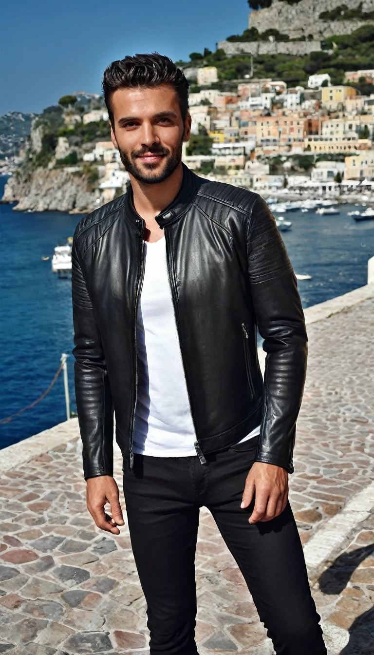 A 35 years old man, with a black pants,white social shirt, italian background, hands on the pocket, a black leather jacket with zippers and zippered sleeves, black leather slim clothes, black leather garment, very aesthetic leather jacket, leather jackets, black leather jacket, leather jacket, black leather, leather, wearing leather jacket, black draconic - leather, wearing a leather jacket, leather padding, wearing samcrow leather jacket, clothing photography ,amazing italian background, 4k, realistic ,boats are docked in the water near a town on a hill, italian mediterranean city, mediterranean island scenery, italy, southern european scenery, gulf of naples, beautiful italian beach scene, mediterranean city, capri coast, fantasy italy, naples, mediterranean, beautiful place, mediterranean vista, beauitful, incredibly beautiful, unknown, beautiful high resolution, happy italian beach scene, imposing