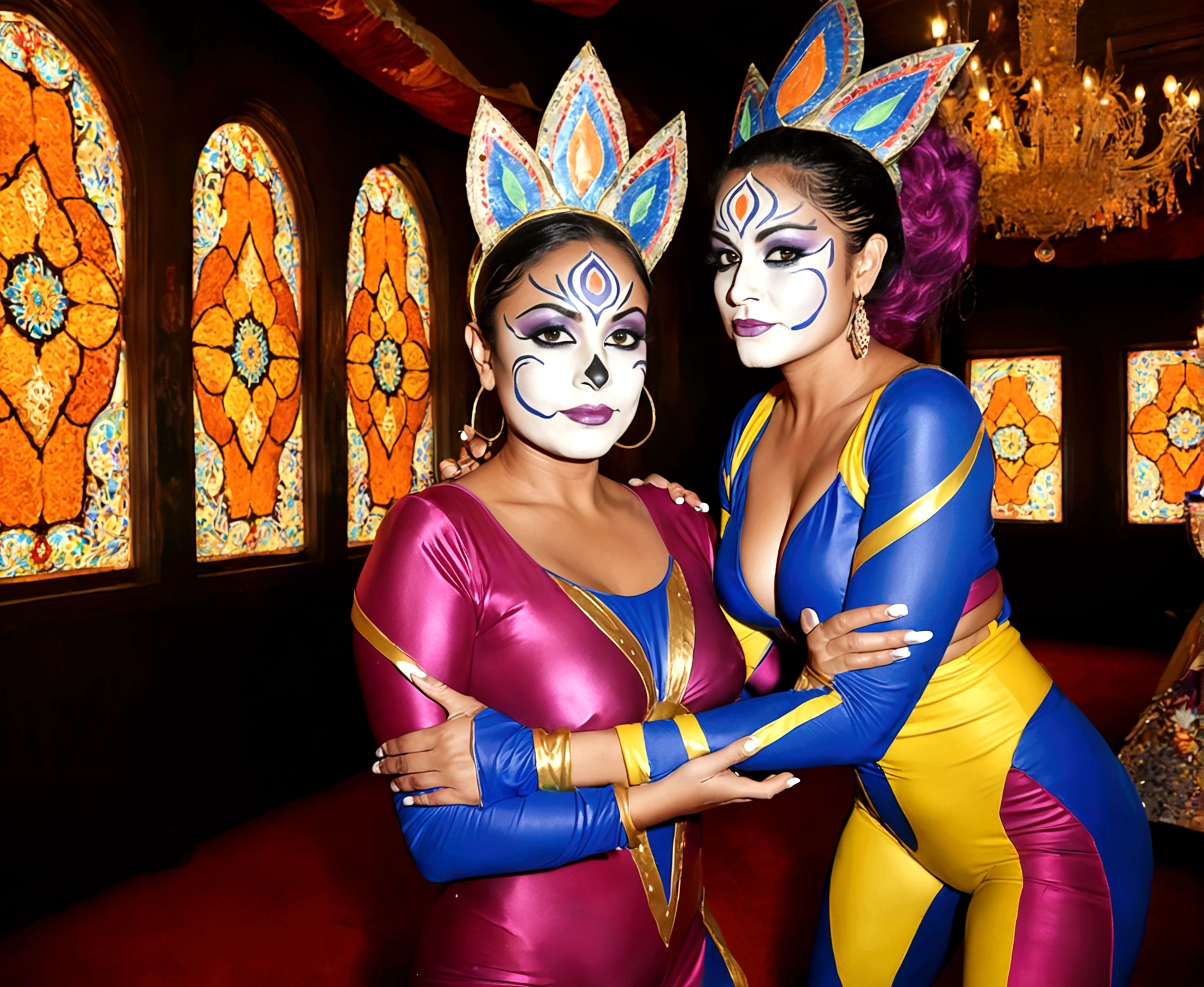 "(best quality, highres, ultra-detailed), 2 women, Desi, 40, average build, in colorful body paint,(playful, vibrant) jesters (costume is entirely body paint), wrestling for a crowd of rowdy aliens, in an(otherworldly) atmosphere,(fantastical, whimsical) outfits, (elaborate face makeup), (bright, vivid) colors, lively expressions, (dynamic poses), (mysterious, ethereal) lighting"
